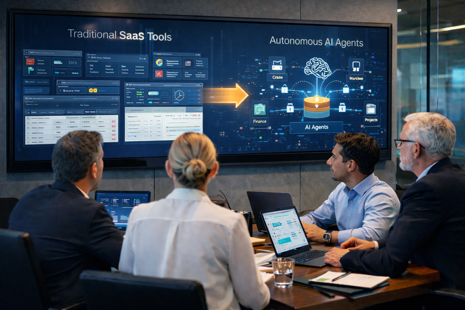 business leaders reviewing transition from SaaS dashboards to AI agents managing company operations and workflows